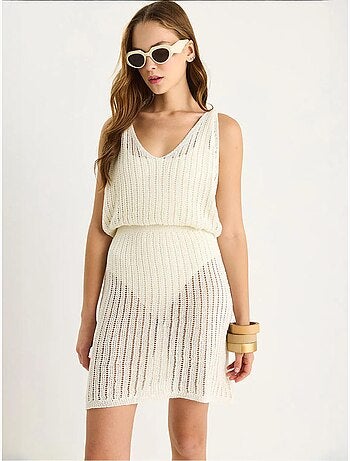 Vestido midi de punto texturizado sin mangas con cuello en v lucci