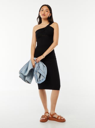 Vestido midi de punto tricotado con tirante asimétrico