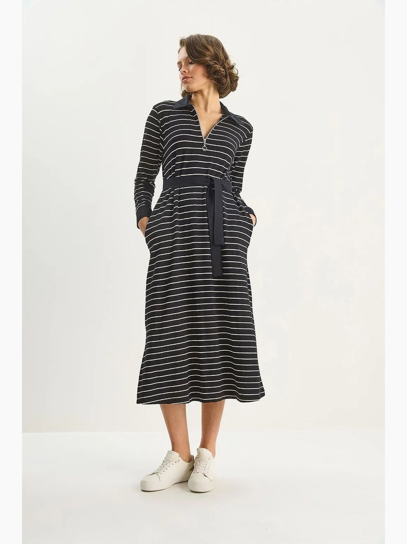 Vestido midi de rayas con cuello camisero lucci Negro Blanco - Kiabi