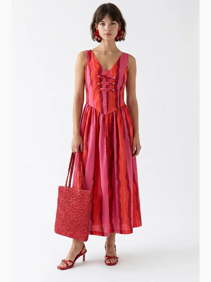 Vestido midi de rayas de línea a con detalle de lazada mixray Rosa fluo - Kiabi