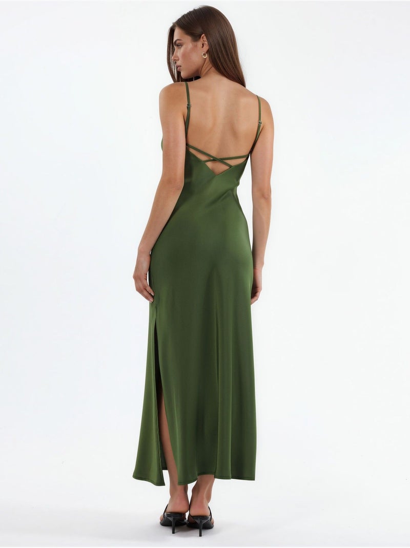 Vestido midi de satén Caqui - Kiabi