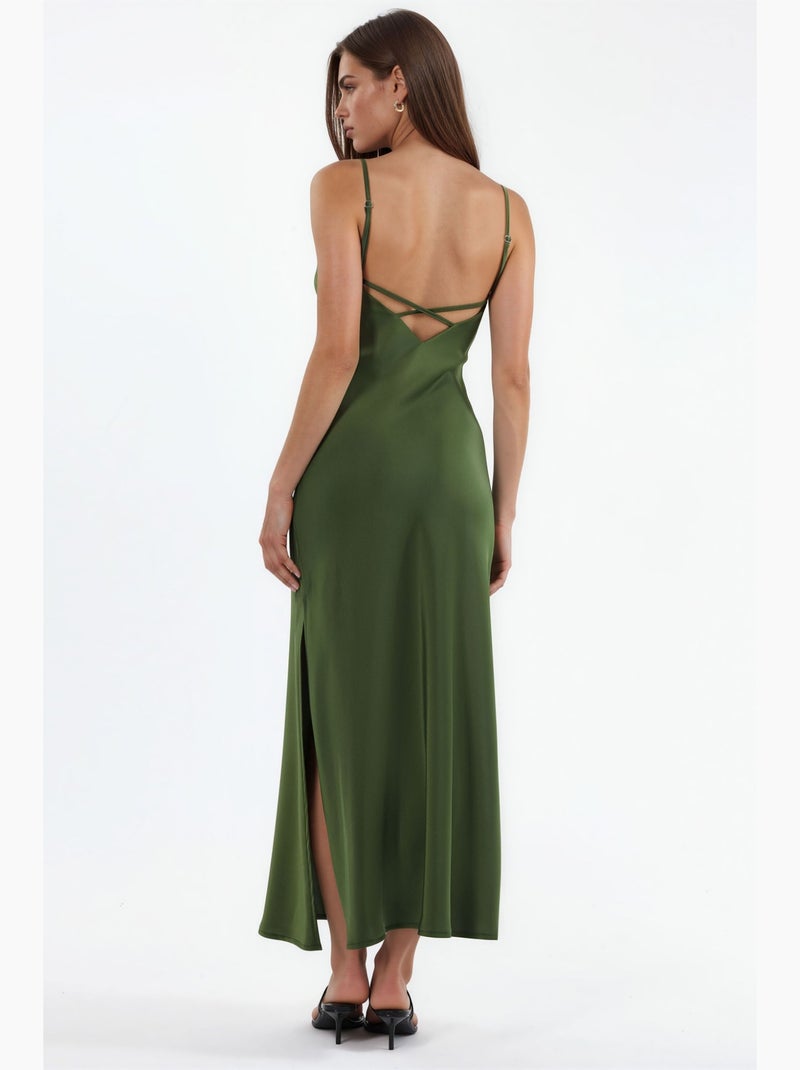 Vestido midi de satén hiccup Caqui - Kiabi