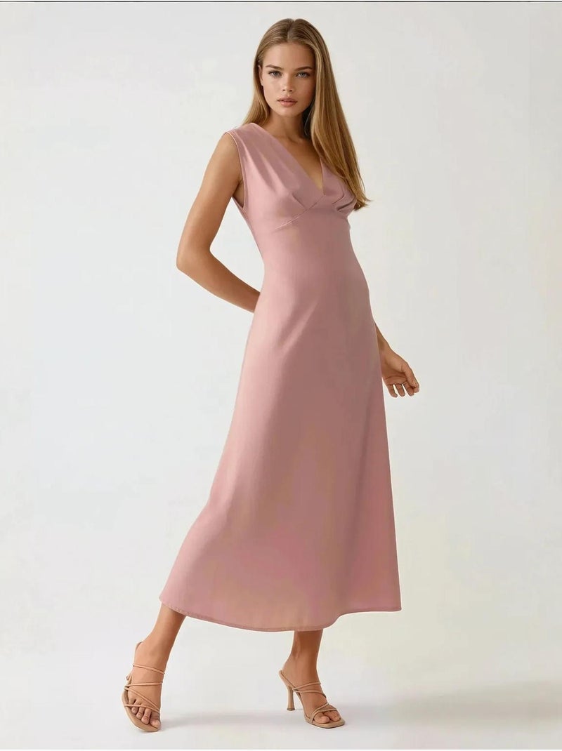 Vestido midi de tacto suave con cuello en V Rosa almendra - Kiabi