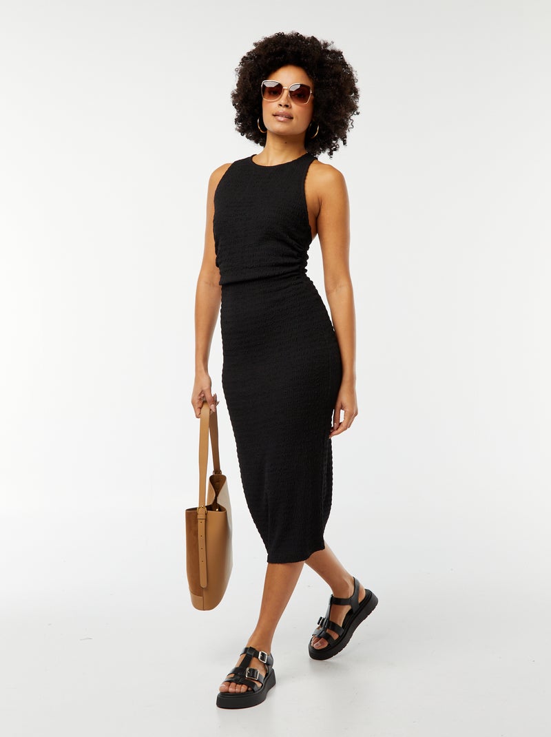 Vestido midi de tejido elástico y gofrado con sisa americana negro - Kiabi