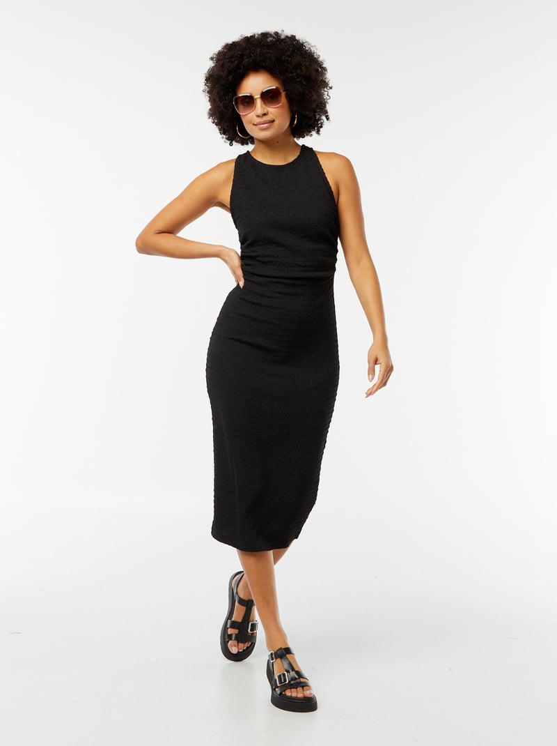 Vestido midi de tejido elástico y gofrado con sisa americana negro - Kiabi