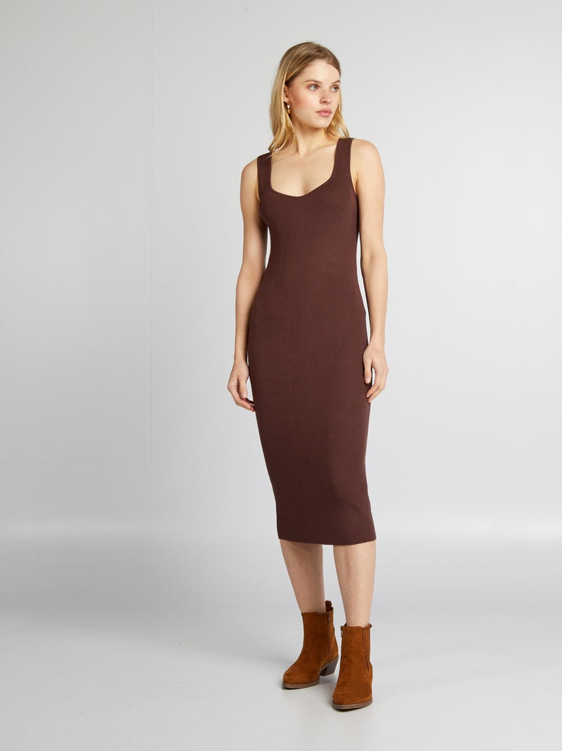 Vestido midi de tubo de punto de canalé MARRON - Kiabi