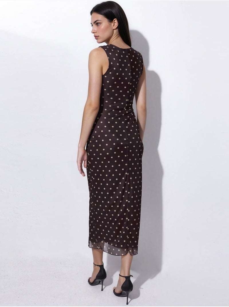 Vestido midi de tul con lunares y cuello redondo Marrón oscuro - Kiabi
