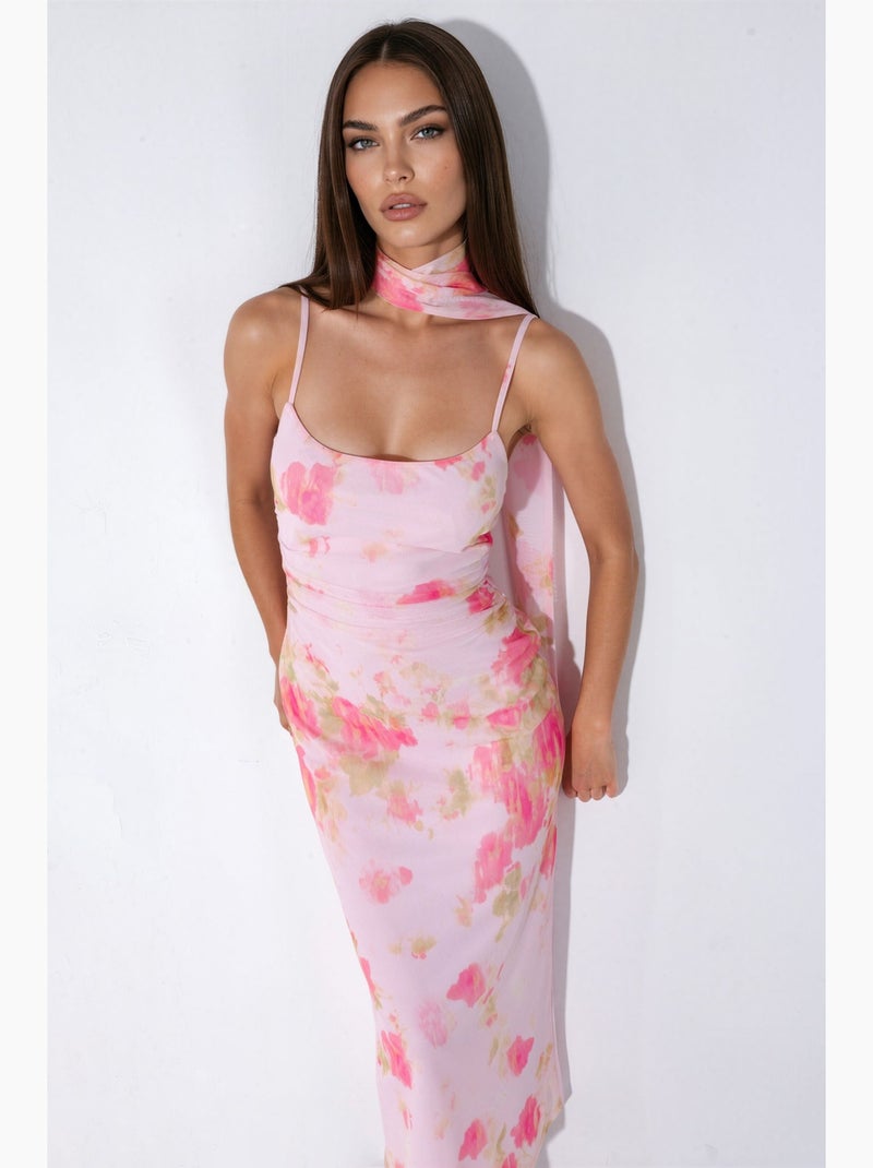 Vestido midi de tul estampado con detalle de pañuelo hiccup Rosa claro - Kiabi