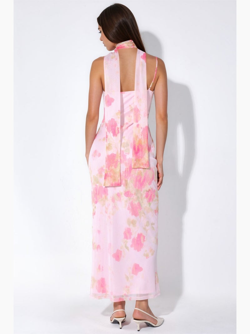 Vestido midi de tul estampado con detalle de pañuelo hiccup Rosa claro - Kiabi