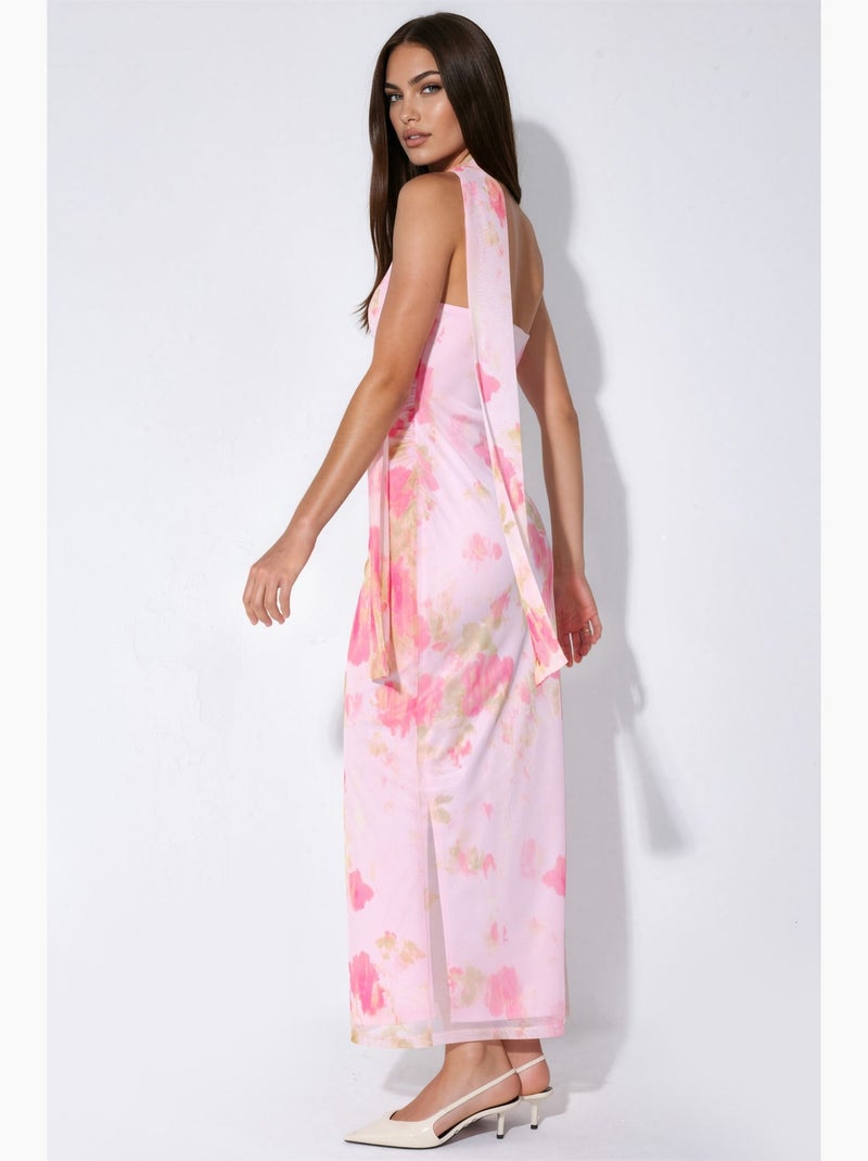 Vestido midi de tul estampado con detalle de pañuelo hiccup Rosa claro - Kiabi