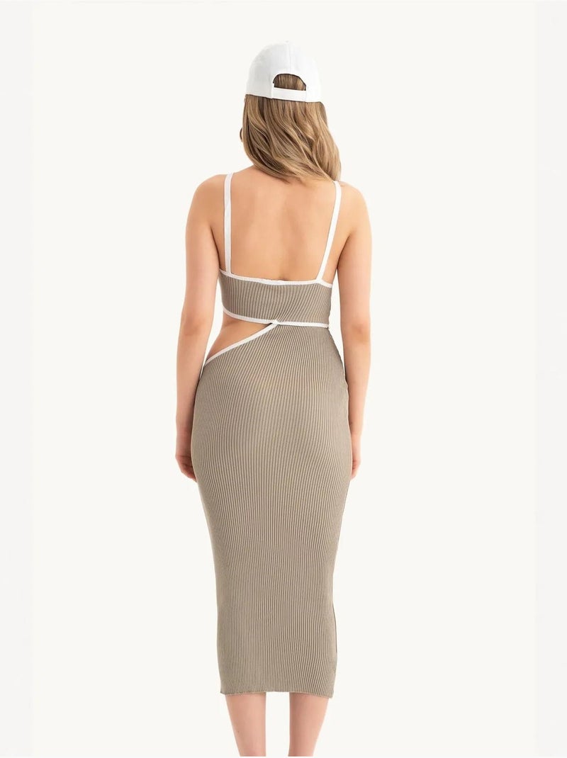 Vestido midi de un solo hombro con corte lateral Beige natural - Kiabi