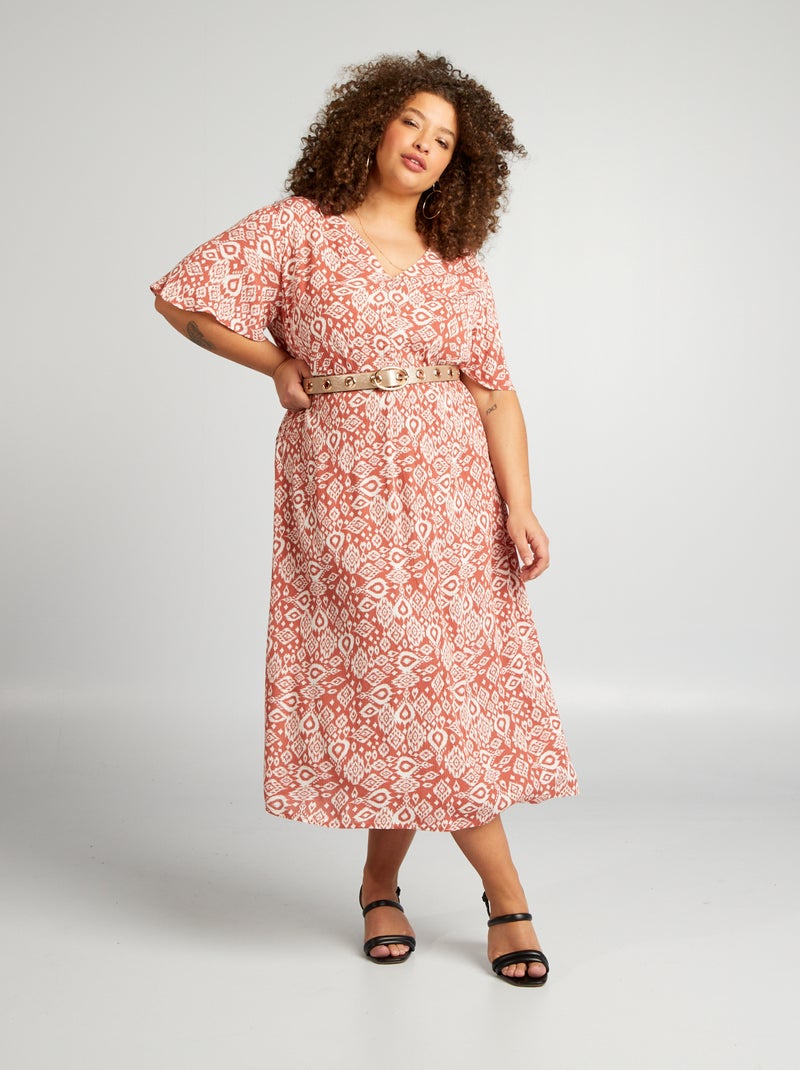 Vestido midi elástico con manga mariposa MARRON - Kiabi