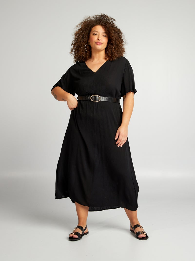 Vestido midi elástico con manga mariposa negro - Kiabi