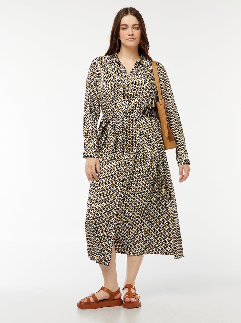 Vestido midi estampado con cinturón y automáticos Beige - Kiabi