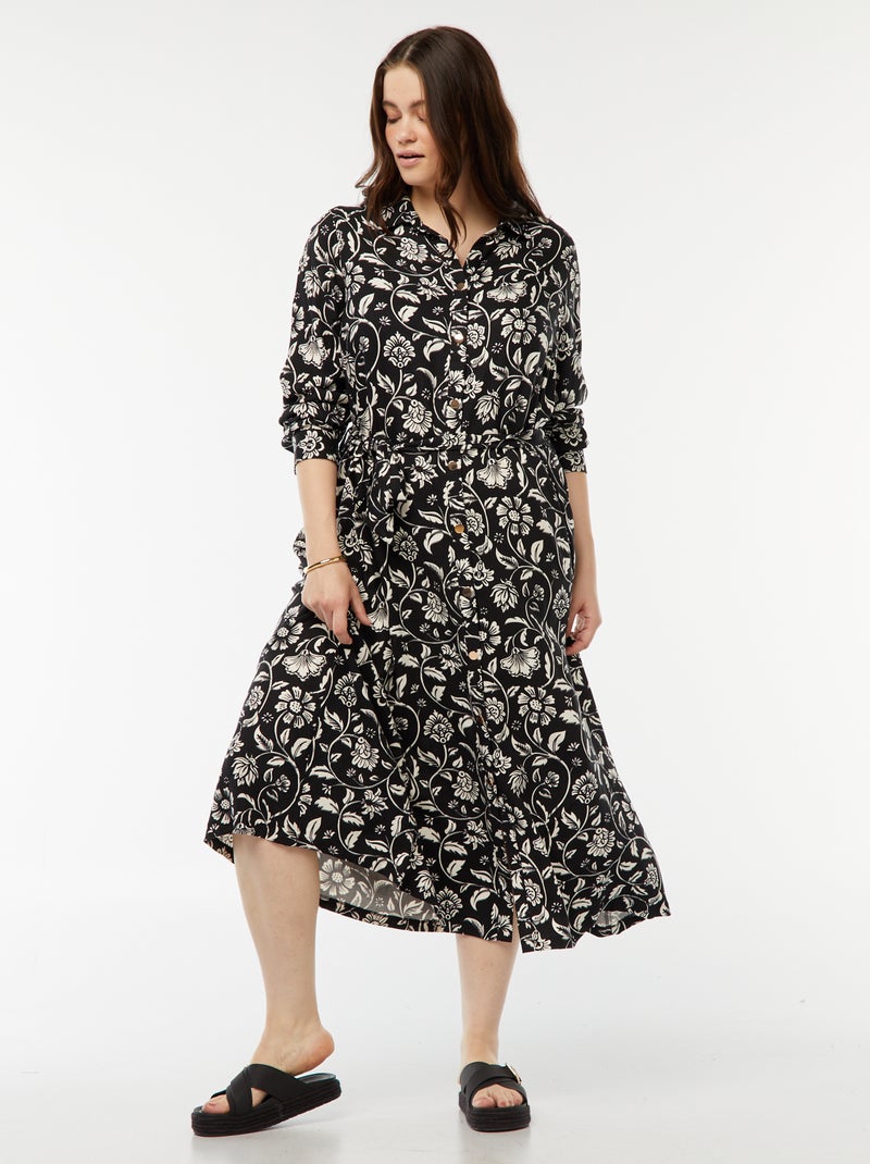 Vestido midi estampado con cinturón y automáticos Negro - Kiabi