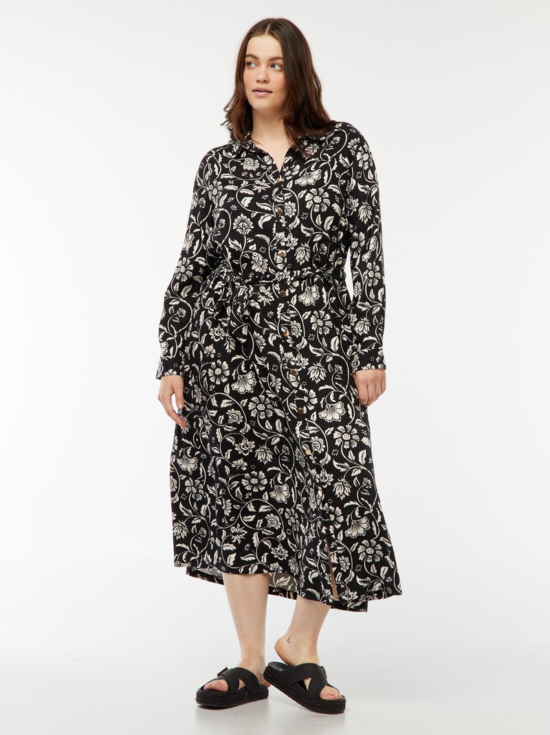 Vestido midi estampado con cinturón y automáticos Negro - Kiabi