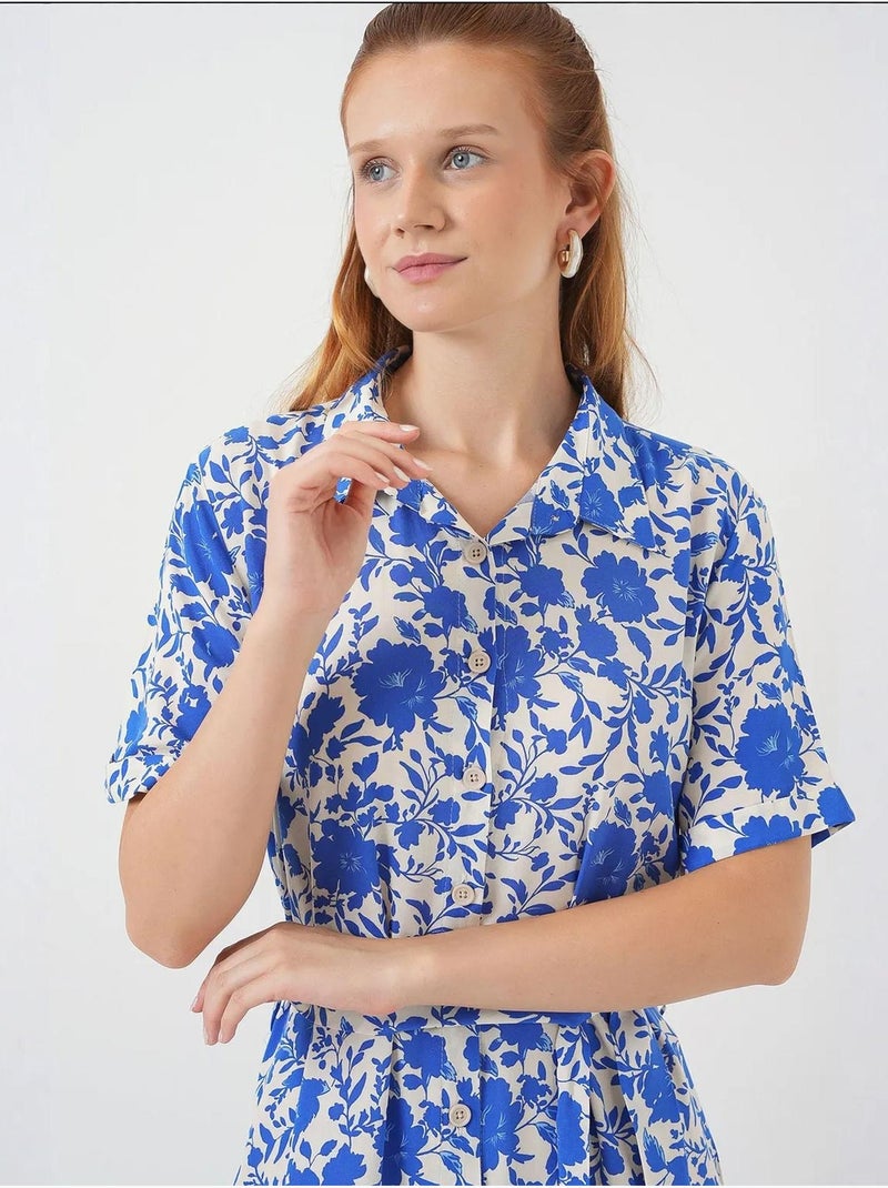 Vestido midi estampado con corte en a y cuello camisero bdart Azul eléctrico - Kiabi