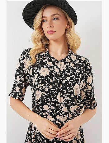 Vestido midi estampado con corte en a y cuello camisero bdart