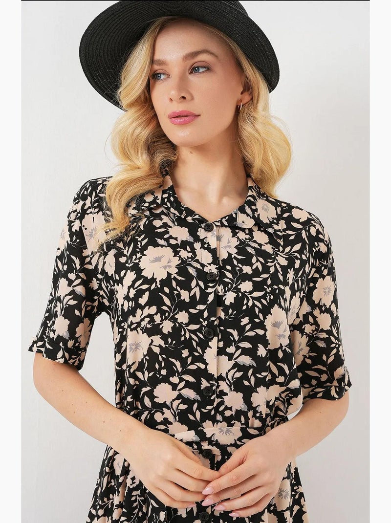 Vestido midi estampado con corte en a y cuello camisero bdart Negro - Kiabi