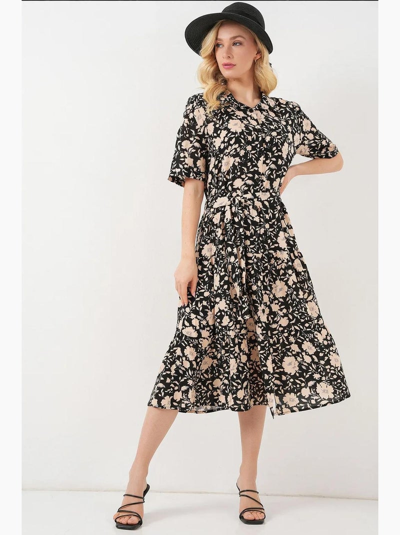 Vestido midi estampado con corte en a y cuello camisero bdart Negro - Kiabi