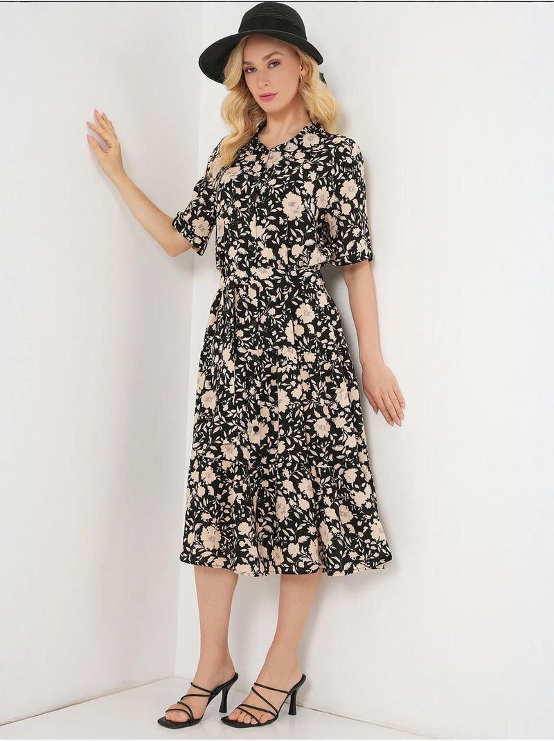 Vestido midi estampado con corte en a y cuello camisero bdart Negro - Kiabi