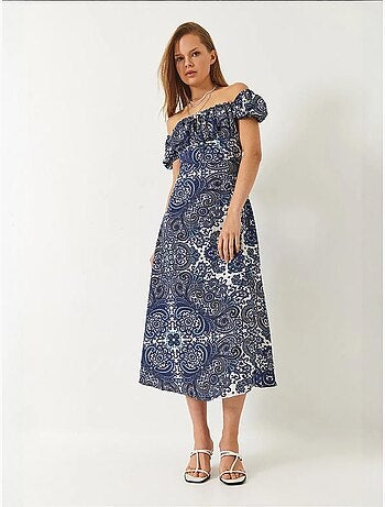 Vestido midi estampado con detalle de abertura y lazo en el cuello lucci