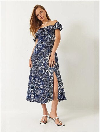Vestido midi estampado con detalle de abertura y lazo en el cuello lucci