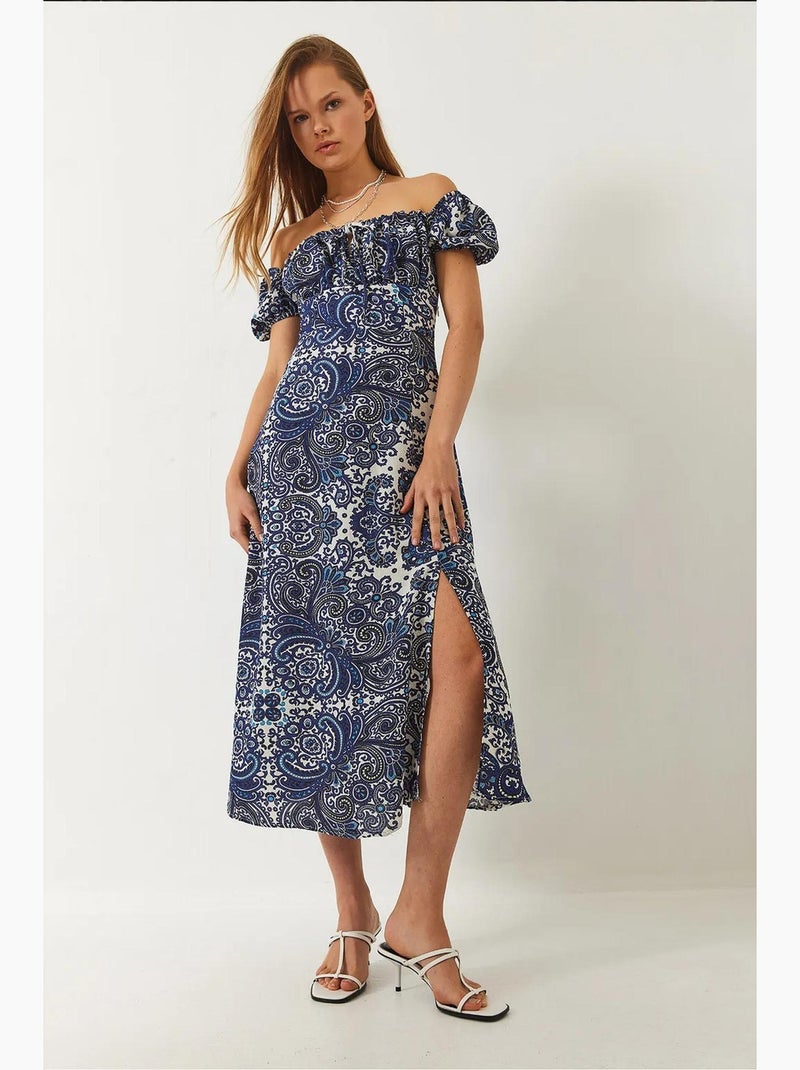 Vestido midi estampado con detalle de abertura y lazo en el cuello lucci Azul claro - Kiabi