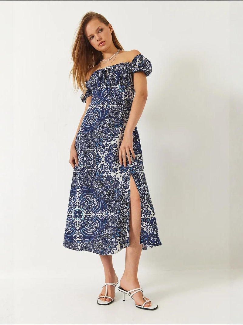Vestido midi estampado con detalle de abertura y lazo en el cuello lucci Azul claro - Kiabi