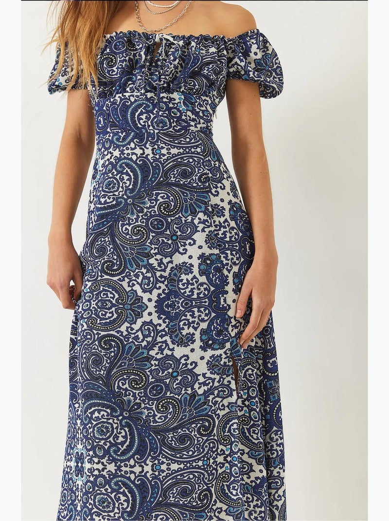 Vestido midi estampado con detalle de abertura y lazo en el cuello lucci Azul claro - Kiabi
