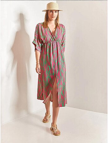 Vestido midi estampado con escote en v y abertura lucci