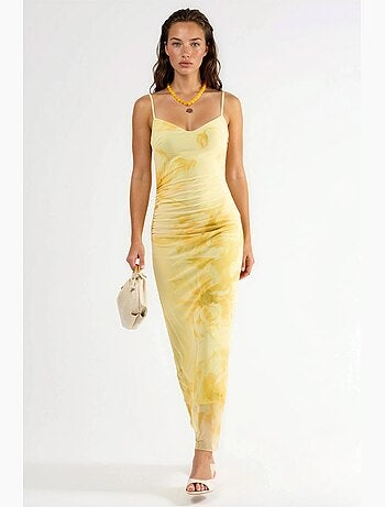 Vestido midi floral ajustado con drapeado busem
