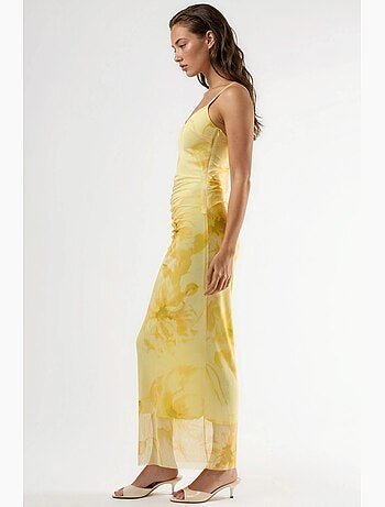 Vestido midi floral ajustado con drapeado busem