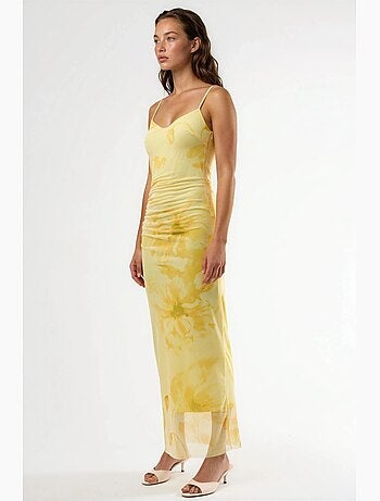 Vestido midi floral ajustado con drapeado busem