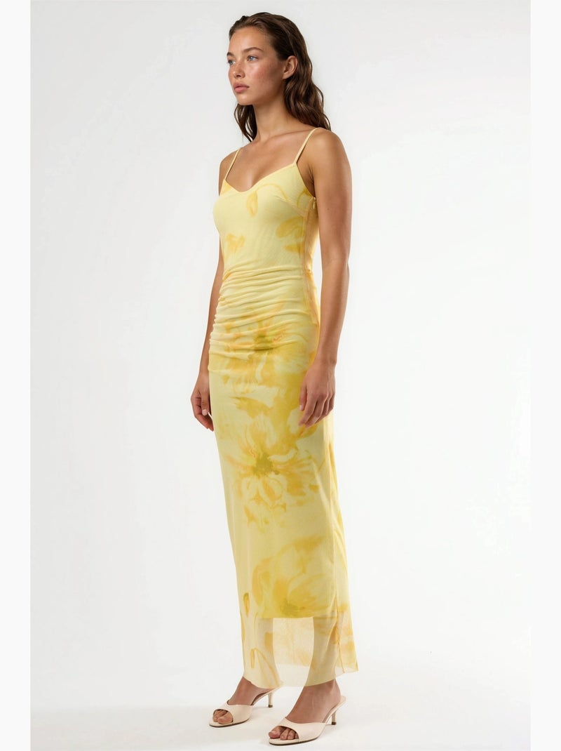 Vestido midi floral ajustado con drapeado busem Amarillo limón - Kiabi