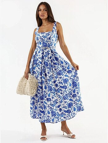 Vestido midi floral con cuello cuadrado busem