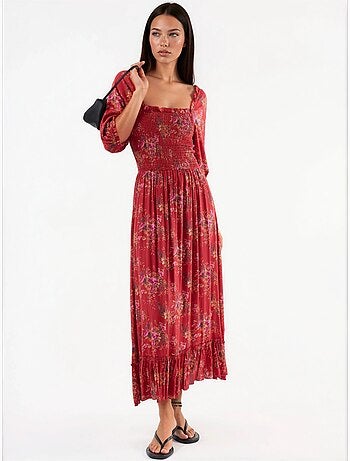 Vestido midi floral con cuello cuadrado busem