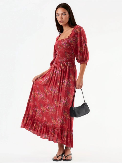 Vestido midi floral con cuello cuadrado busem - Kiabi Vestido midi floral con cuello cuadrado busem - Kiabi