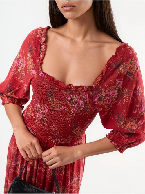 Vestido midi floral con cuello cuadrado busem - Kiabi Vestido midi floral con cuello cuadrado busem - Kiabi