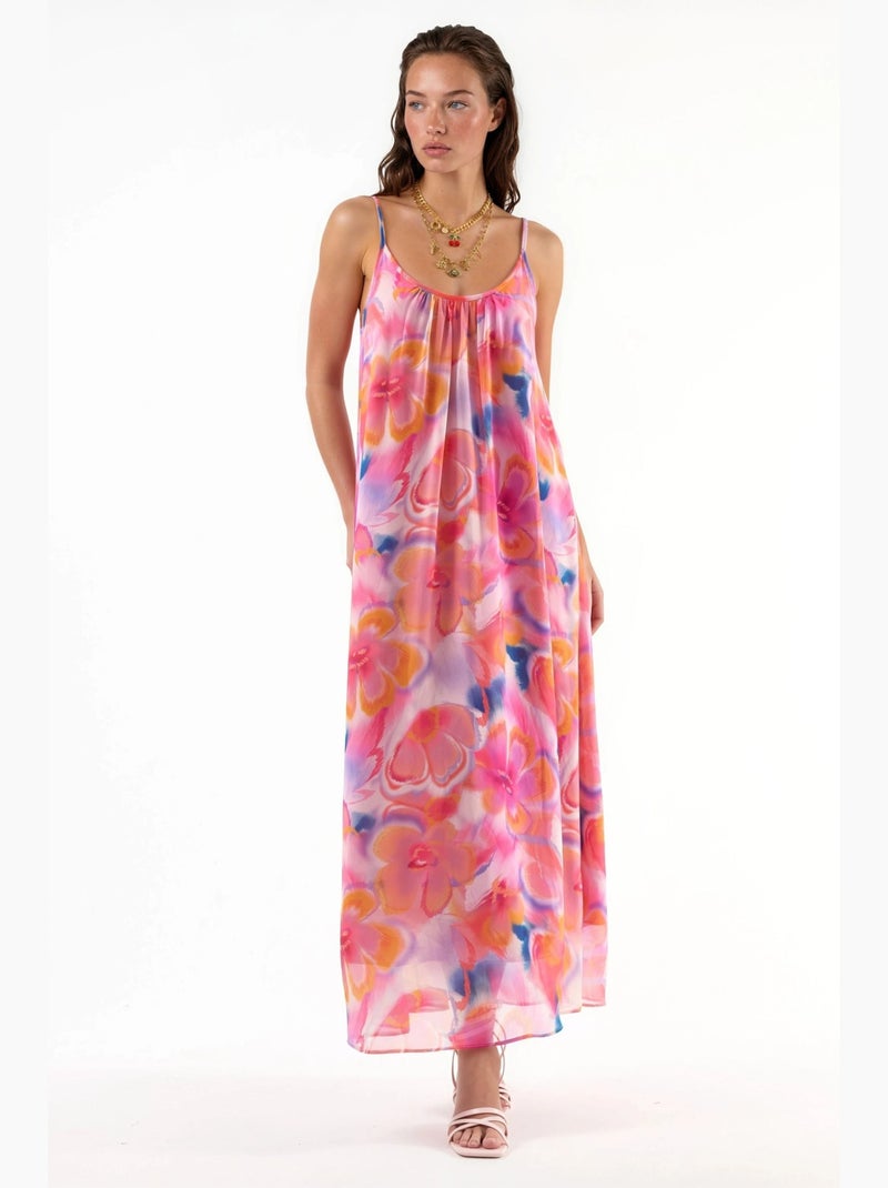 Vestido midi floral con cuello en u busem Rosa pálido - Kiabi