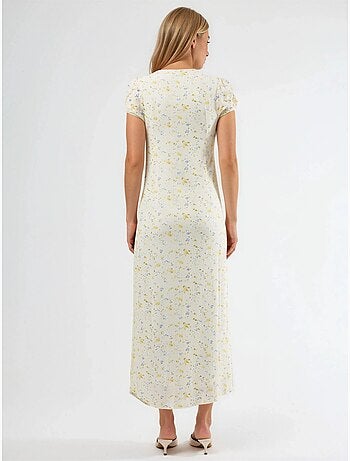 Vestido midi floral con cuello en u y detalle de lazo busem