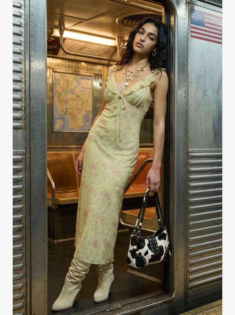 Vestido midi floral con cuello en v hiccup Crema - Kiabi