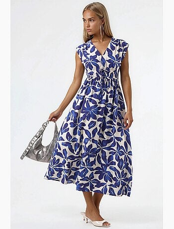 Vestido midi floral con cuello en v y detalle de lazo busem