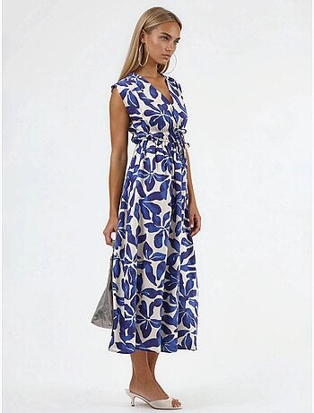 Vestido midi floral con cuello en v y detalle de lazo busem