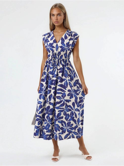 Vestido midi floral con cuello en v y detalle de lazo busem - Kiabi Vestido midi floral con cuello en v y detalle de lazo busem - Kiabi