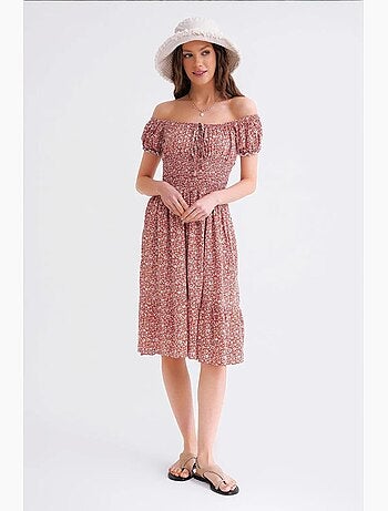 Vestido midi floral con hombros descubiertos, cintura fruncida y mangas abullonadas mixray