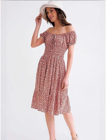 Vestido midi floral con hombros descubiertos, cintura fruncida y mangas abullonadas mixray