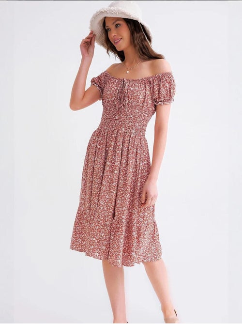 Vestido midi floral con hombros descubiertos, cintura fruncida y mangas abullonadas mixray - Kiabi