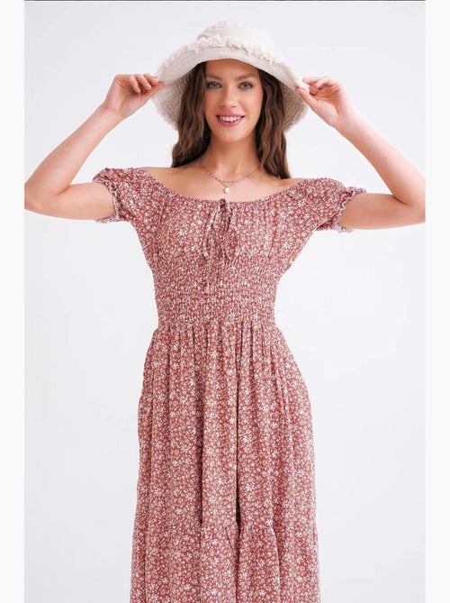 Vestido midi floral con hombros descubiertos, cintura fruncida y mangas abullonadas mixray - Kiabi