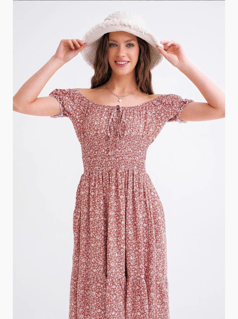 Vestido midi floral con hombros descubiertos, cintura fruncida y mangas abullonadas mixray Terracota - Kiabi